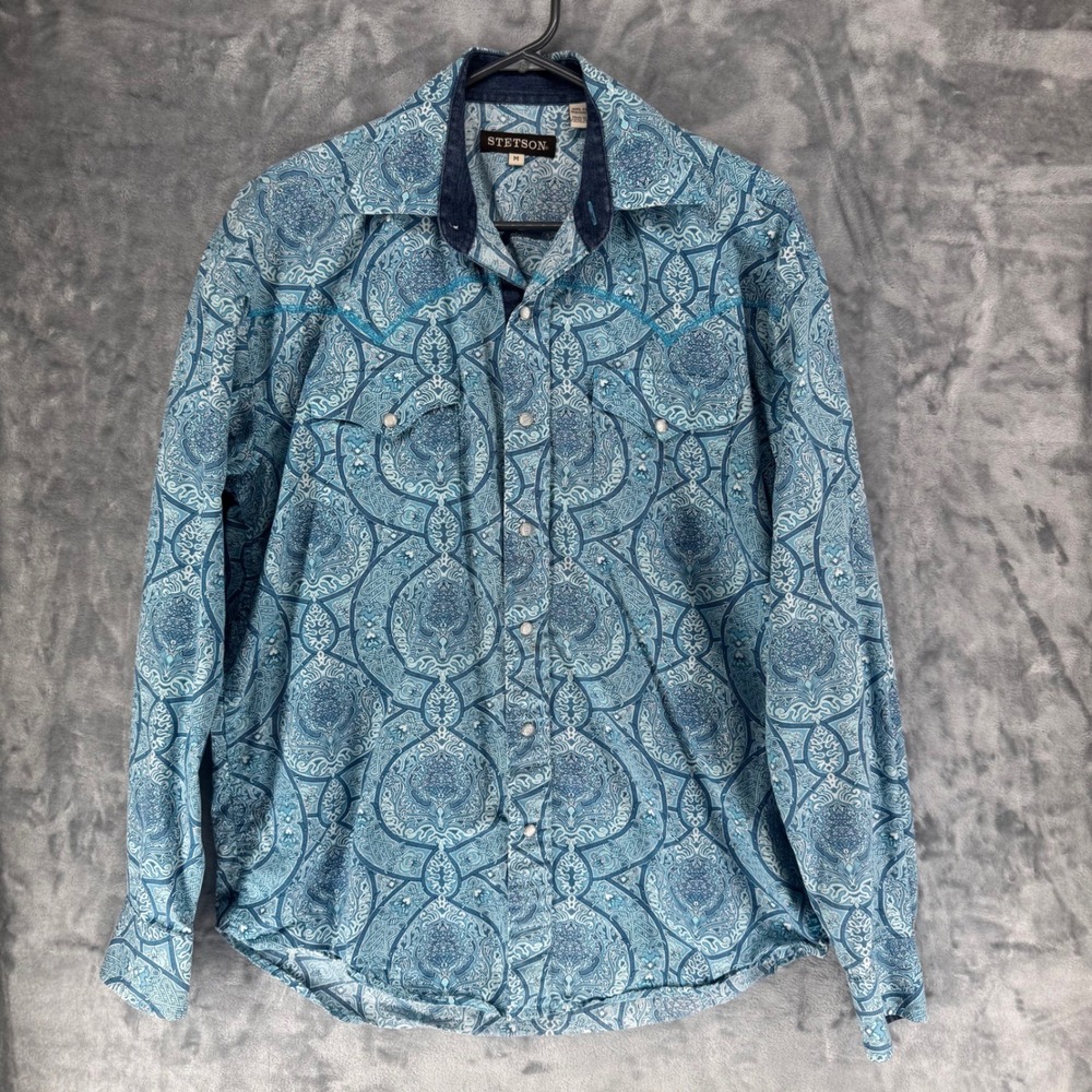 Stetson Mens Long Sleeve Western Shirt Blue Paisley Print‎ Cotton Size Medium